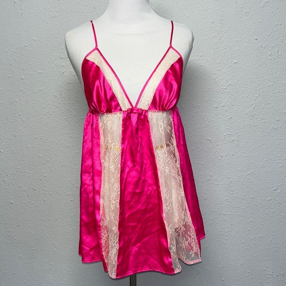 Victoria’s Secret Neon Pink Satin Lace Panel Babydoll Lingerie Chemise Barbie